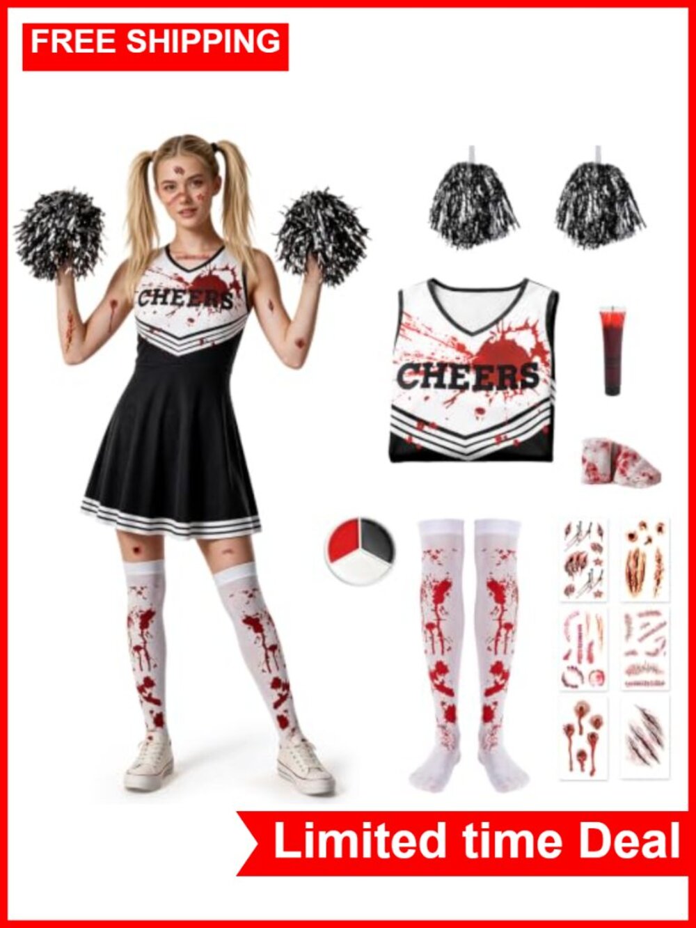 Zombie Cheerleader Costume Women Bloody Halloween Dress Socks Pom Poms